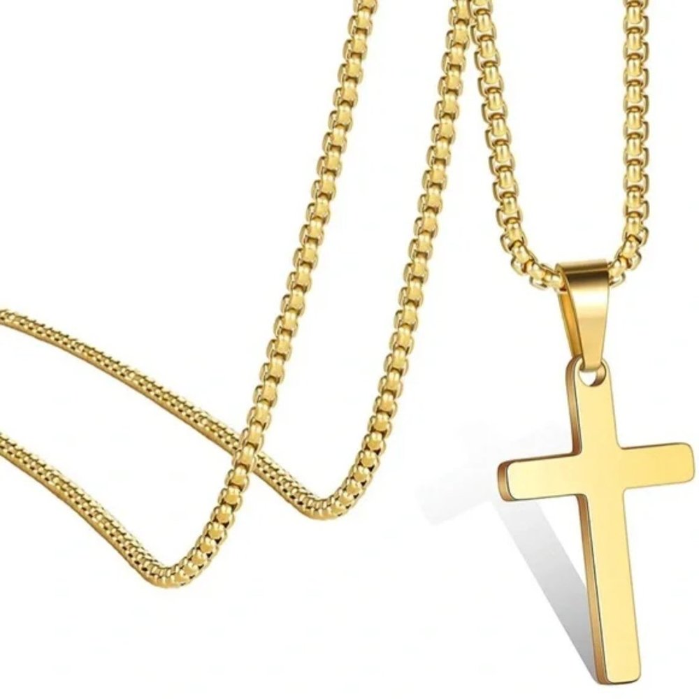 14k Yellow Gold Cross Pendant Box Chain Necklace 24”